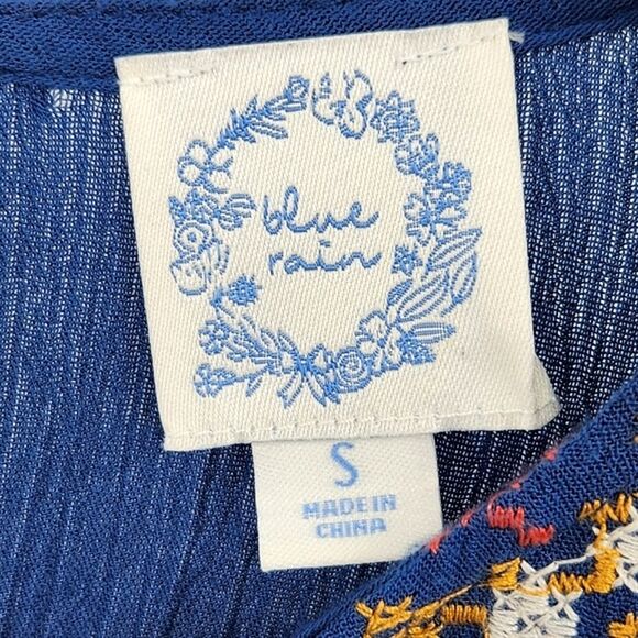 Blue Rain Bell Sleeve Dress Size Small Blue Floral Embroidery Cottage Peasant - Picture 3 of 9